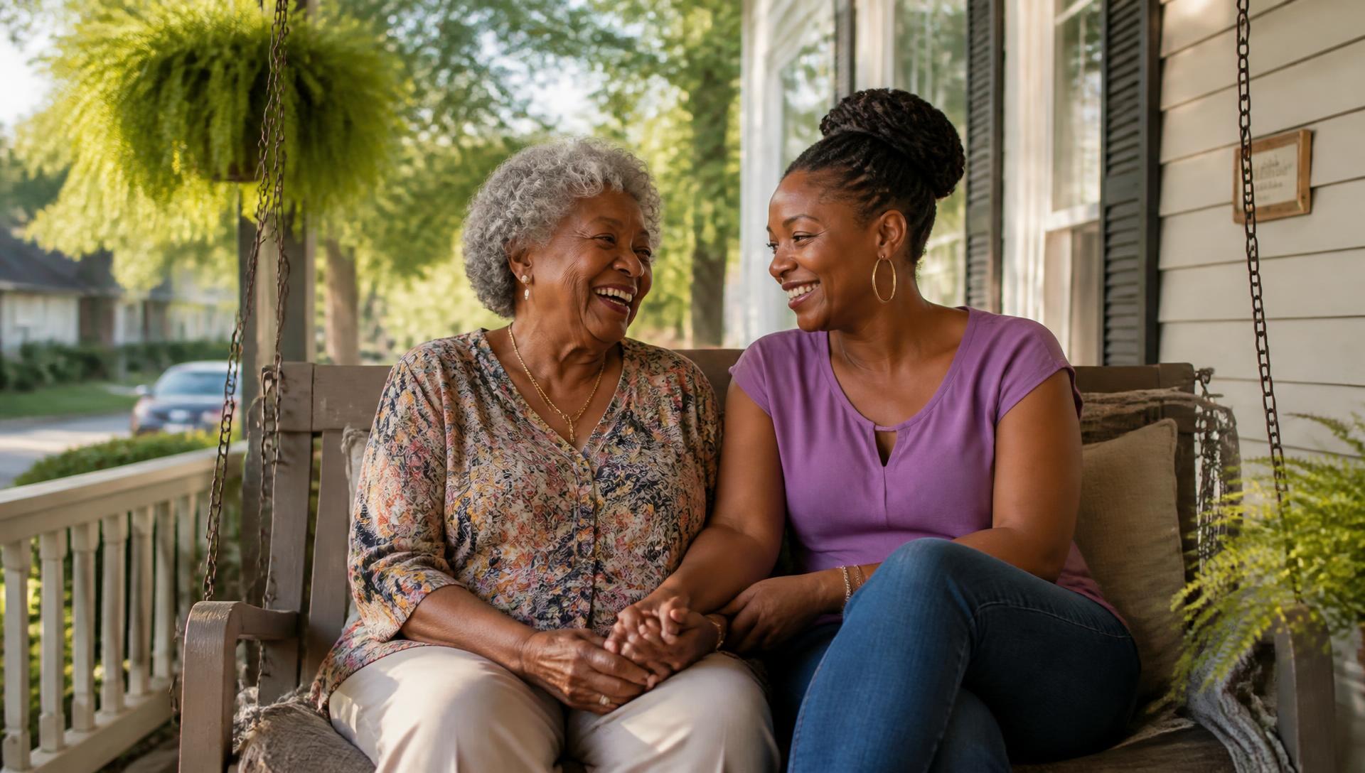 An older woman and her adult daughter laughing together on a front-porch swing