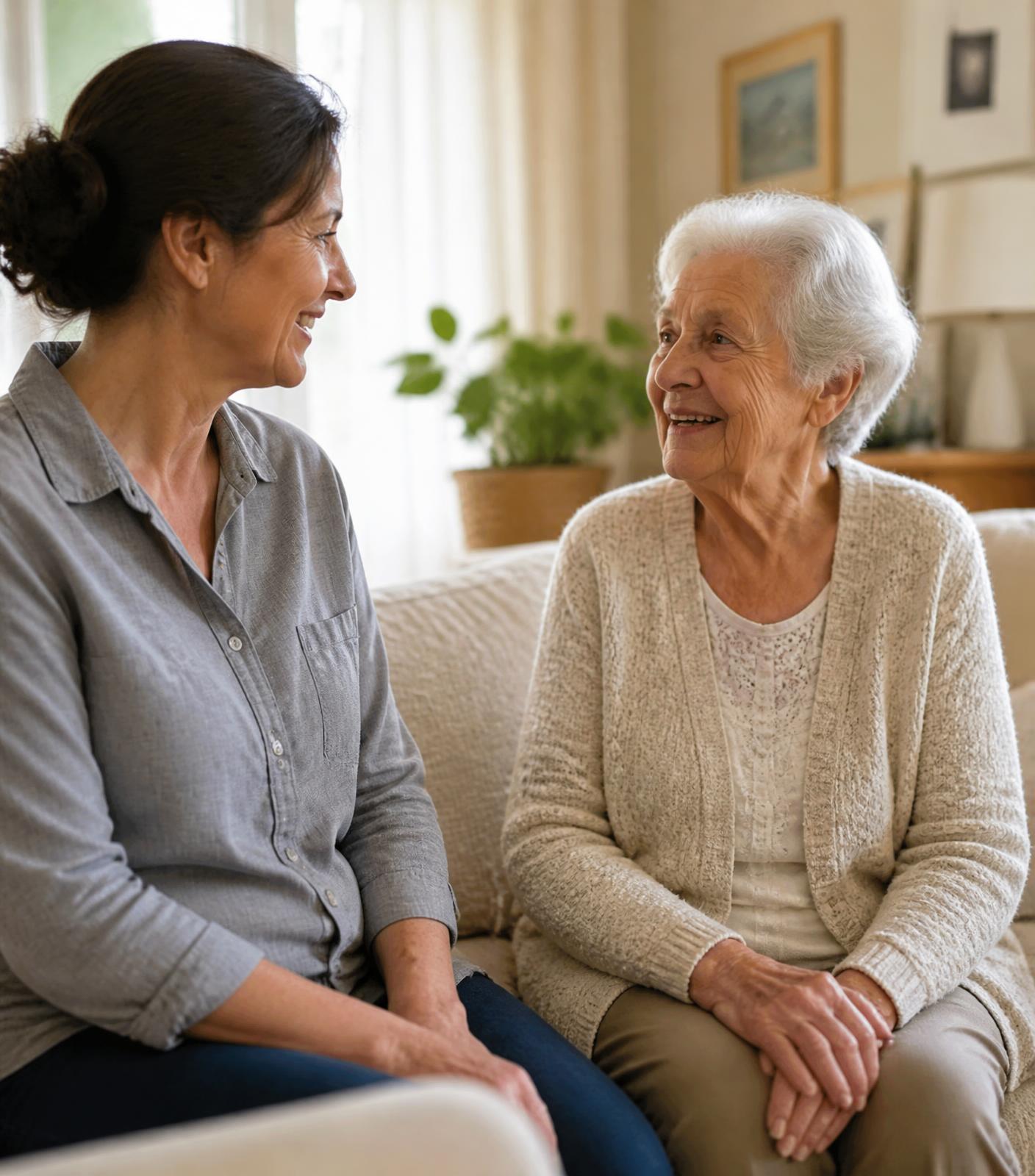 A caregiver and an older woman talking together in a sunlit living room