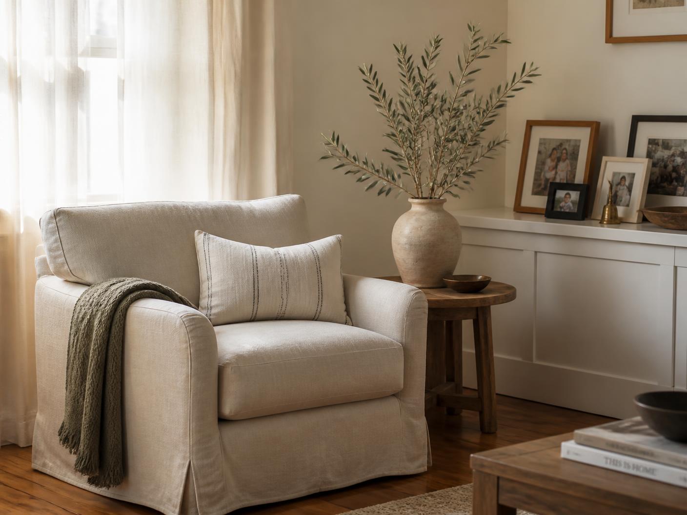 A quiet, sunlit living room with olive branches in a vase