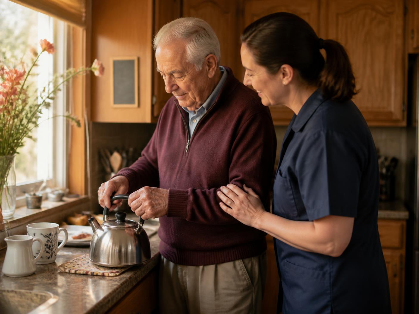 A caregiver steadying an older man as they prepare tea together in a kitchen